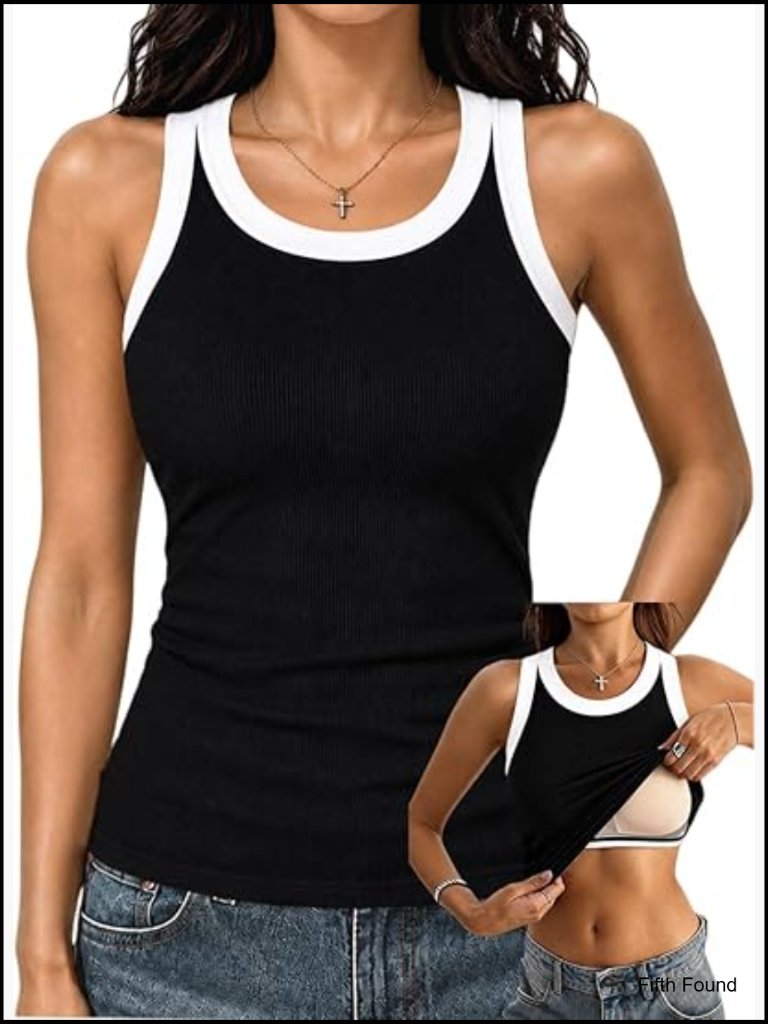 Racerback Tank Top With Built In Bra High Neck Ribbed Fitted Long Tanks